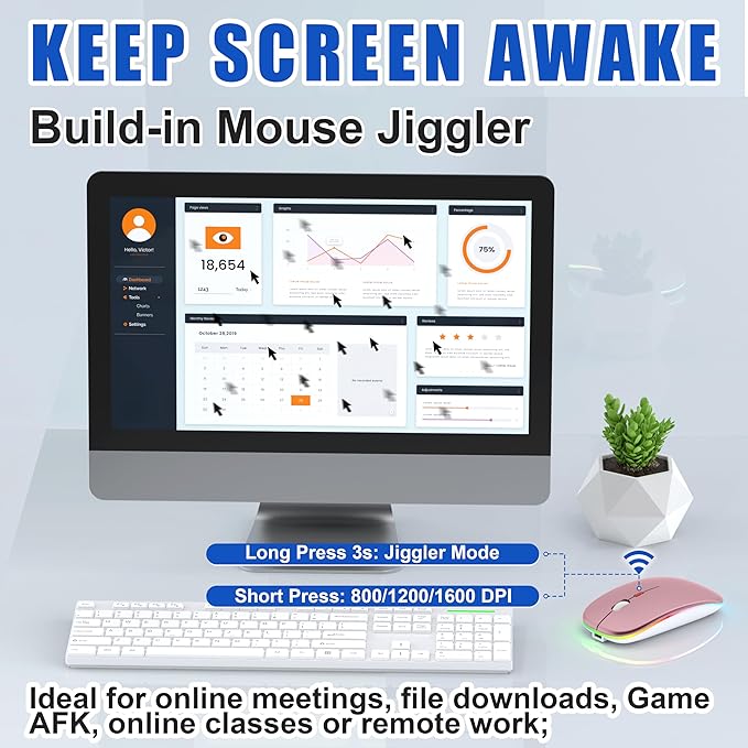 LED Bluetooth Mouse for Laptop/MacBook/iPad - Built-in Mouse Jiggler &amp 4-Mode (Bluetooth 5.2/3.0 &amp 2.4GHz USB-A/C) Rechargeable Silent Mouse Multi-Device Compatible with macOS/iOS/Windows/Andr