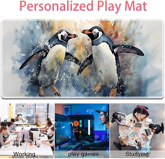 Large Gaming Mouse Pad + Mouse Wrist Rest Pad + Coaster Combination 31.5 x 11.8 Durable Non-Slip Extension Table Mat Suitable for Office and Home Watercolour Penguins