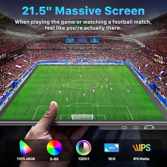 Portable Monitor 21.5 inch FHD 110% sRGB 120Hz IPS HDR HDMI USB-C Travel Monitor for Laptop MacBook PC Surface PS5 Xbox Large External Display with Kickstand &amp Speakers VESA Compatible