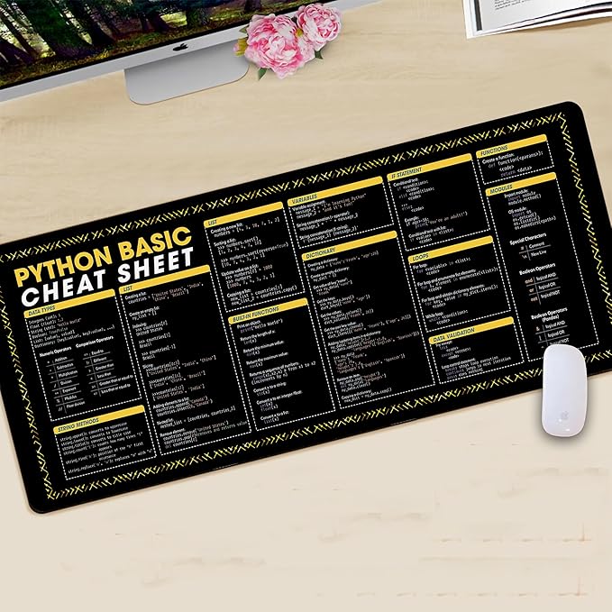 Python Basic Cheat Sheet Mouse Mat – Quick Guide for Beginners Large Mouse Mat for Coders Perfect for New Programmers Essential Computer Accessories for Study Work and Reference Purposes NVA