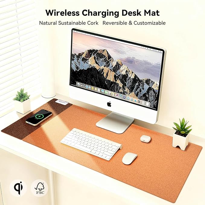 3-in-1 Eco Cork Wireless Charging Mouse Pad Dual-Sided Fast Charge Mouse Mat Extra Large Waterproof Office &amp Makeup Desk Protector Qi-Certified Desk Pad for iPhone/Samsung/AirPods