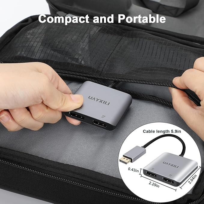 DisplayPort to Dual DP Adapter 8K@60Hz DP Splitter 1 in 2 Out Extended Display MST for Dual Monitors Compatible with PC Graphic Card NVIDIA AMD