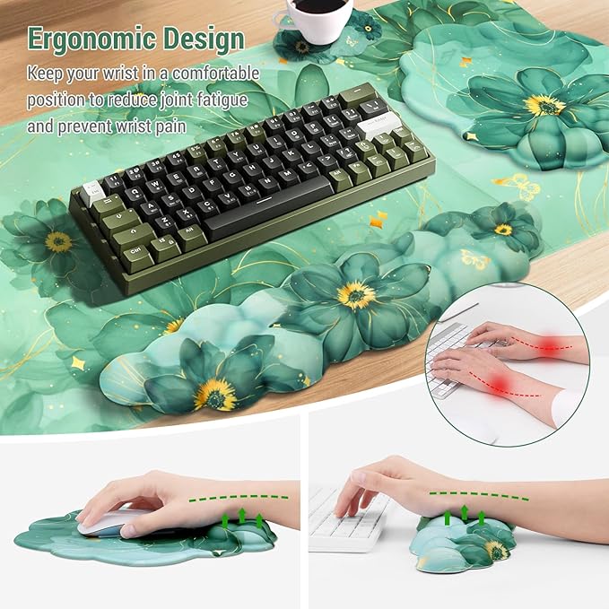 Conmputer Desk Mat Set 4 in 1 Cloud-Shaped Ergonomic Wrist Rest Set Mouse Pad with Non-Slip Base Memory Foam Silicone Lining Keyboard Wrist Rest Computers Offices GamingDark Green Stained Petal