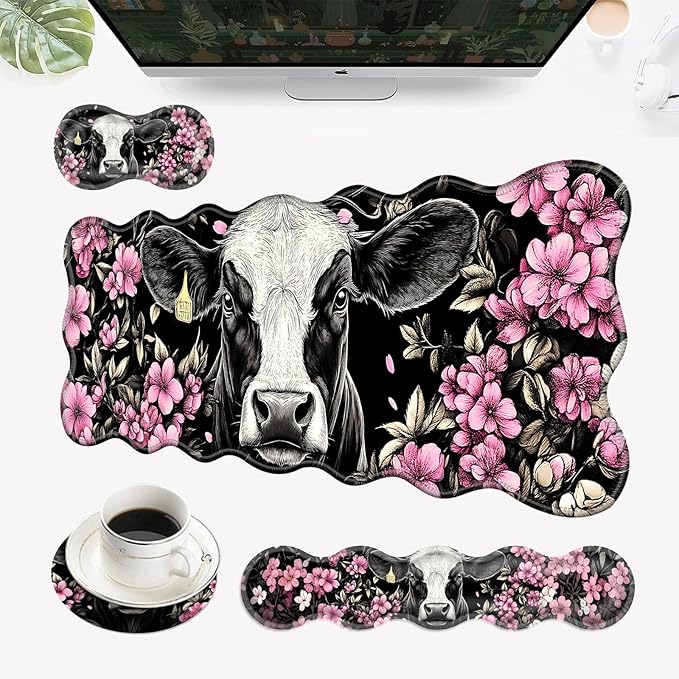 Desk Mat Mouse Pad with Wrist Rest 4-in-1 Large Mouse Pads for Desk Ergonomic Mouse Pad and Keyboard Wrist Rest Gaming Keyboard Mat for OfficeCute Cow Floral