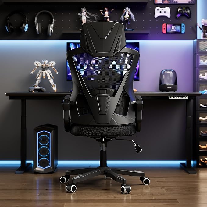 Gaming Chair Ergonomic Office Recliner with Lumbar Support High Back and Height Adjustable Computer Desk Chair with Mesh Back and 360° Swivel for Teens and Adults (Black)