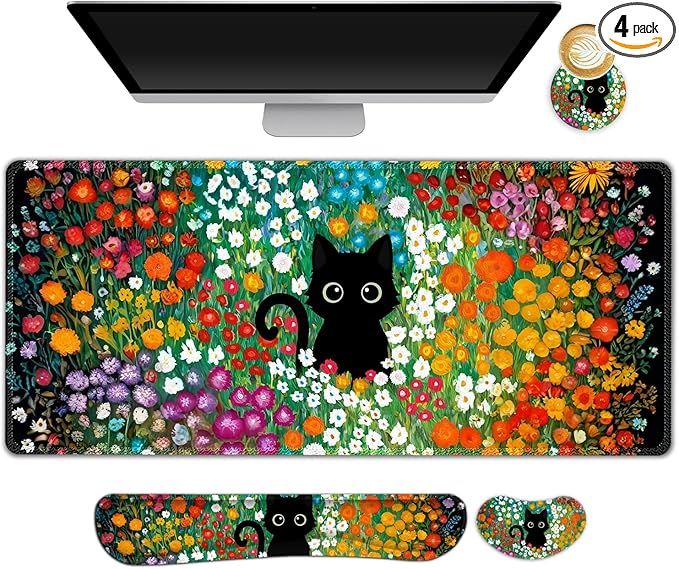 Large Gaming Mouse Pad Set 4 in1 Ergonomics Keyboard Desk Mat w/Memory Foam Wrist Rest Computer Extended Game Mousepad Non-Slip Desk Matt Easy Typing Pain Relief I Multicolored Flower Cat
