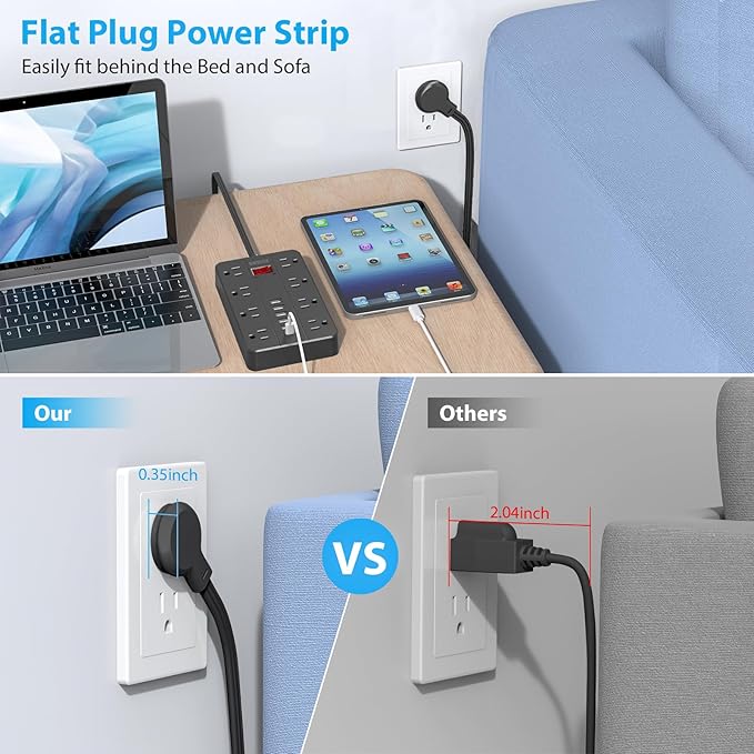 10 Ft Extension Cord Surge Protector SMNICE 8 Widely Spaced Outlets and 6 USB (1 USB C) Charging Ports Flat Plug Power Strip Desktop Power Cord for Travel Home Office Accessories Black