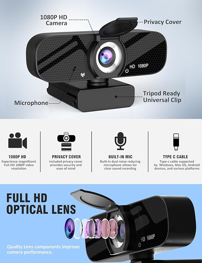 1080P HD Webcam with Built-in Microphone Rotatable Tripod Wide-Angle LensPrivacy Cover Auto Light Correction Plug &amp Play USB-A Webcam for Laptop Desktop PC Streaming-Black-1