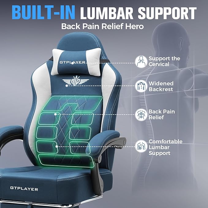 GTPLAYER Big and Tall Gaming Chair Breathable Fabric Computer Chair with Strong Lumbar Support Comfortable Office Chairs with Pocket Spring Cushion High Back Ergonomic Desk Chairs with Footrest