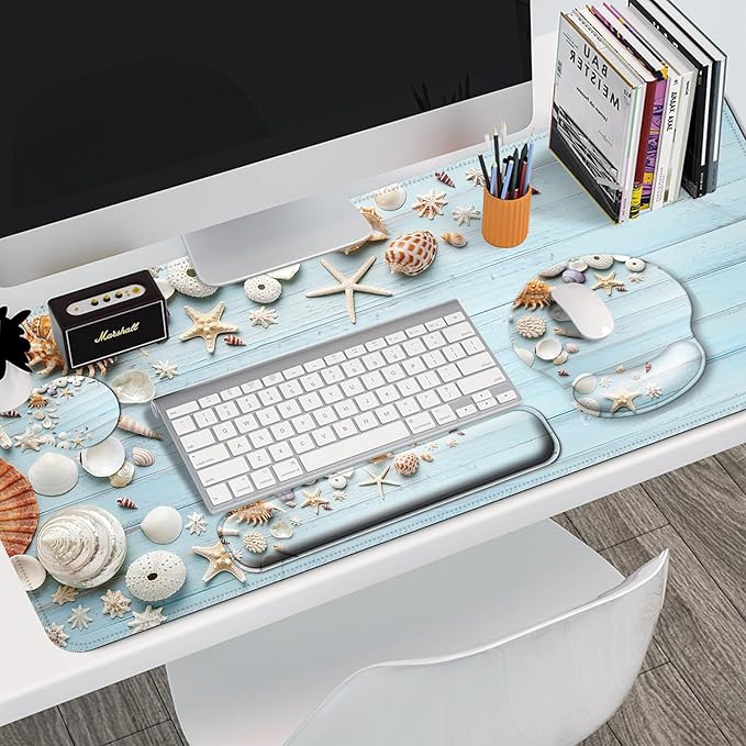 Mouse Pad + Desk Mat + Keyboard Wrist Rest + Coaster 4 in 1 Set Cute Ergonomic Large Gaming Mousepad with Wrist Rest Support Desk Pad for Computer Laptop Office Home Decor-Seashells