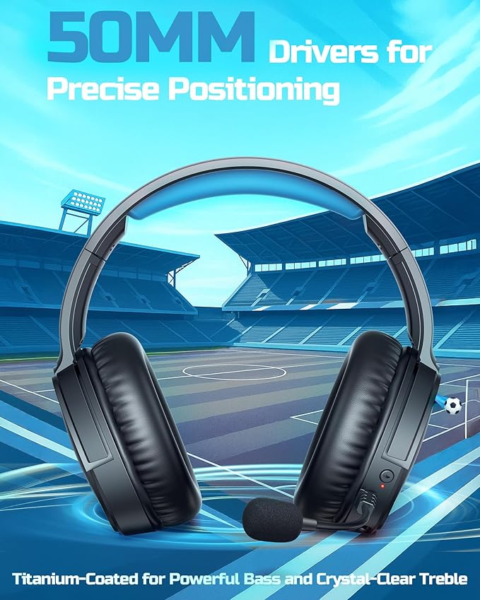 BINNUNE Wireless Gaming Headset — 2.4GHz Low-Latency USB Dongle + Bluetooth 50mm Drivers 7.1 Surround Noise-Cancelling Mic 40H Battery — Over Ear Wireless Headphones for PS5 PC Laptop Blue