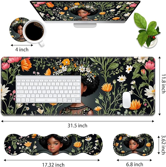 4 in 1 Ergonomic Memory Foam Mouse Pad Wrist Rest Set Large XXL Gaming Desk Pad + Keyboard Wrist Rest + Mouse Wrist Cushion + Coaster for Home Office Study Gaming African American Black Girl