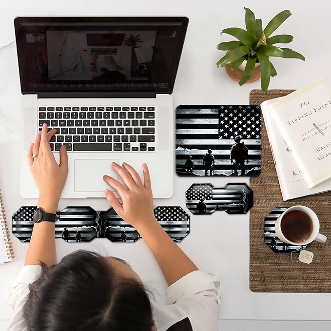 Mouse Pad Keyboard Wrist Rest Wrist Support Combo+Coaster [4-in-1] American Flag Theme Easy Typing Pain Relief Memory Foam Gel Elbow Cushion Mouse pad Set for Computer Laptop Office Home