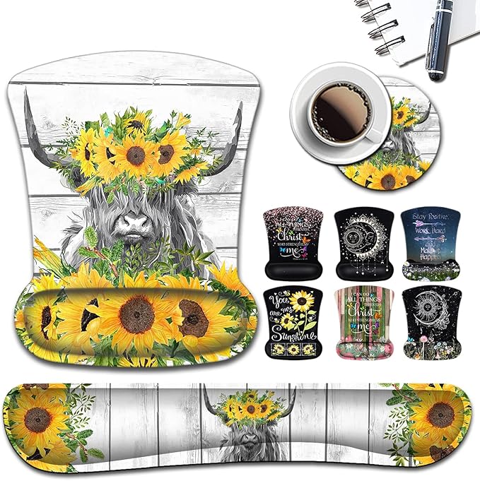 Wireless Mouse Pad with Wrist Support Ergonomic Gel Mouse Pad Soft Memory Foam Keyboard Wrist Pad for Office Typing Desk Pad Cute Highland Cow and Sunflowers White MousePads