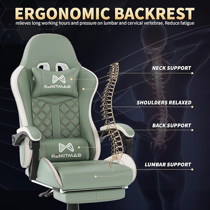 Gaming Chair 400 lbs Adult Chair High Back Computer Chair with Footrest and Linked Armrests Office Video Game Chair with Lumbar Support (Green)