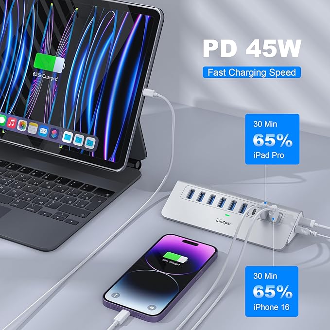Powered USB Hub intpw 9-Port USB 3.2 Hub 10Gbps USB C Hub with USB A/USB C 3.2 4 USB 3.0 2 PD 45W Charging Port 65W Power Adapter and 3.3FT Cable Aluminum USB Hub for Laptop iPhone 17/16/15/PC