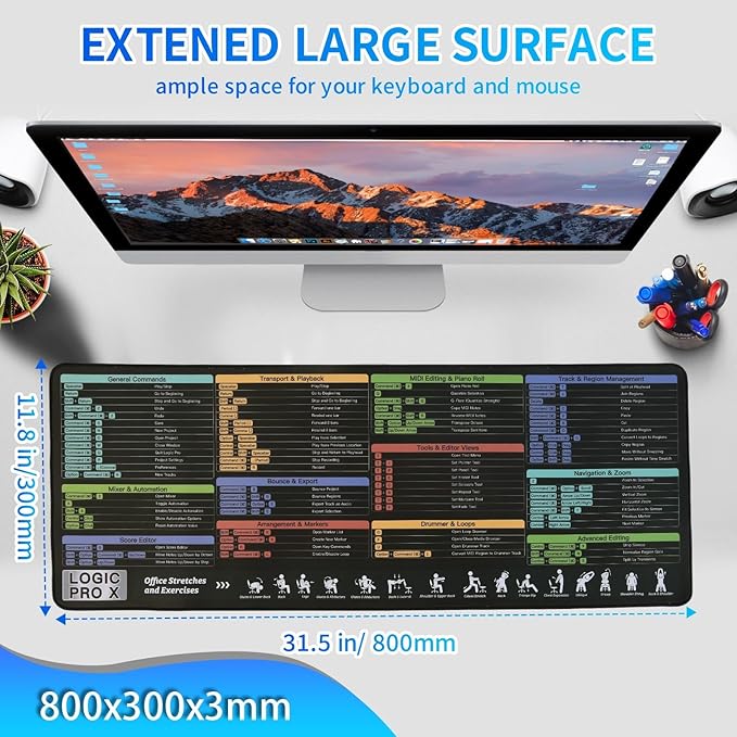 Logic Pro X Shortcuts Mouse pad Extra Large Keyboard Shortcut Desk Pad Large Gaming Desk Mat Mousepad Stitched Edges Non-Slip Rubber Base Mouse Pads for Computers Laptop