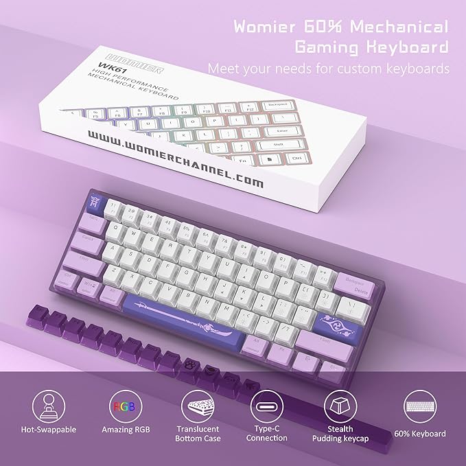 Womier 60% Percent KeyboardWK61 V2 Mechanical RGB Wired Gaming KeyboardHot-Swappable Creamy Key Board with PBT KeycapsLinear Red Switch for Windows/MAC (Purple)