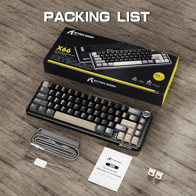 ATTACK SHARK X66 60% Wireless Mechanical Gaming Keyboard with Volume Knob Gasket Hot Swappable Custom Keyboard PBT Keycaps Tri-Mode USB-C/BT5.0/2.4G RGB with Coiled Cable - Star Black