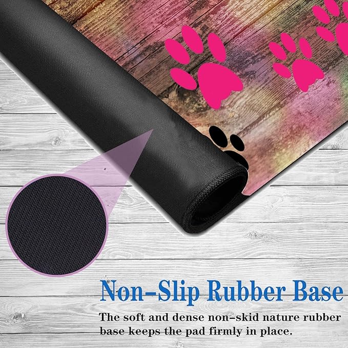Large Game Mouse Pad + Wrist Support Pad + Coffee Coaster Rustic Rainbow Woodgrain Dog Paw Foldable Table Mat with Stitched Edge Non-Slip Set Pad Suitable for Office Work and Home