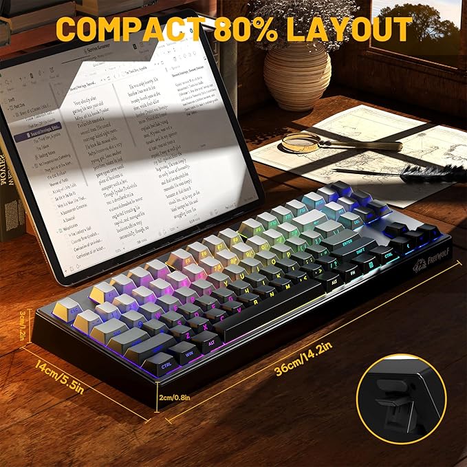 M87V2 87 Keys Membrane Gaming Wireless Keyboard80% TKL Layout Side Printed Keys Retro Cute CreamyRGB Backlit 4000mAh 2.4G/BT/Wired Computer Silent Keyboard for MAC PC-Gradient Black