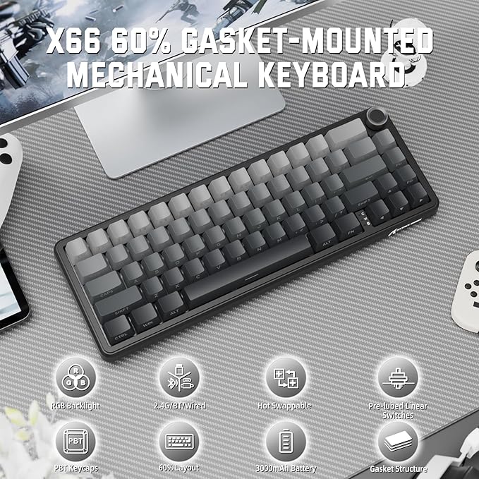 MAMBASNAKE Attack Shark X66 Gasket Wireless Mechanical Keyboard with Volume Knob60% Bluetooth/2.4GHz/Wired Gaming KeyboardRGB BacklitSide Printed PBT Keycaps66 Keys Hot Swappable for PC/MACBlack