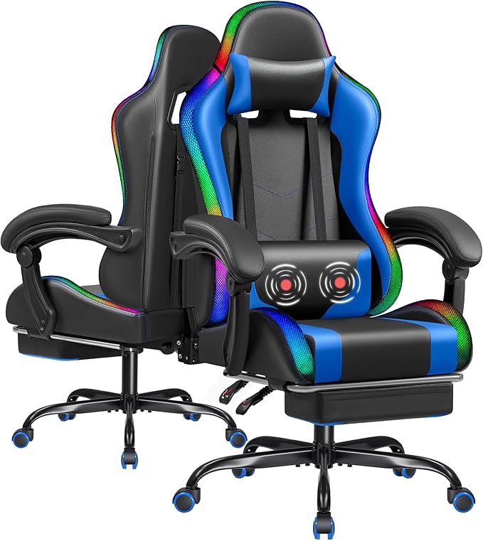 Furmax Gaming Chair with RGB LED Lights Video Game Chair with Footrest and Massage Lumbar Support High Back Reclining Computer Chair with Headrest Swivel Seat Gamer Chair (LED Blue)