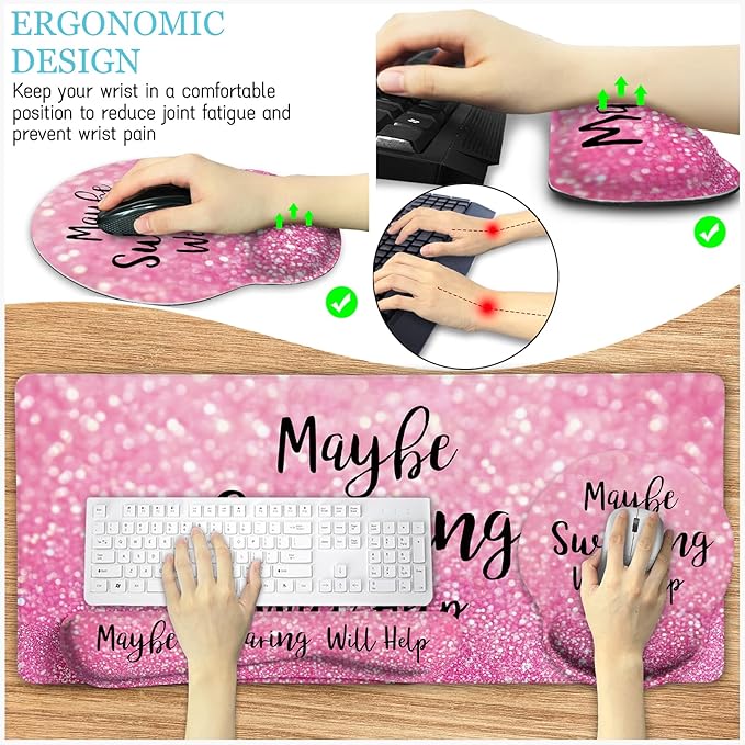 Pink Mouse Pad Set Ergonomic Mouse Pad with Wrist Rest Keyboard Wrist Support Large Desk Matt for Desktop Gaming Mousepad Cup Coaster Set Cute Pink Office Desk Accessories Decor Supplies