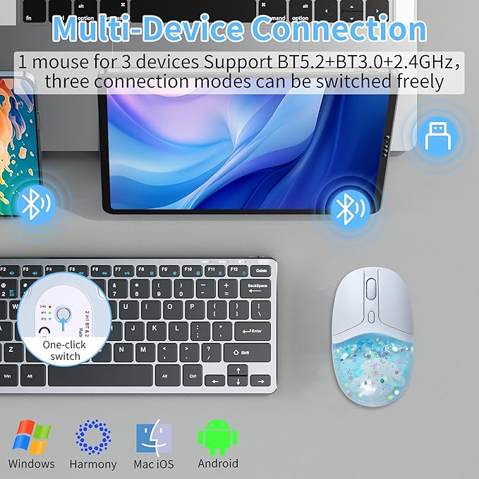Wireless Mouse with Liquid Quicksand Sequins 2.4GHz &amp Bluetooth Dual Mode Rechargeable Silent Cute Aqua Mouse with LED Light Portable Water Mice for Laptop PC Tablet MacBook Kids Adults Gift (Blue