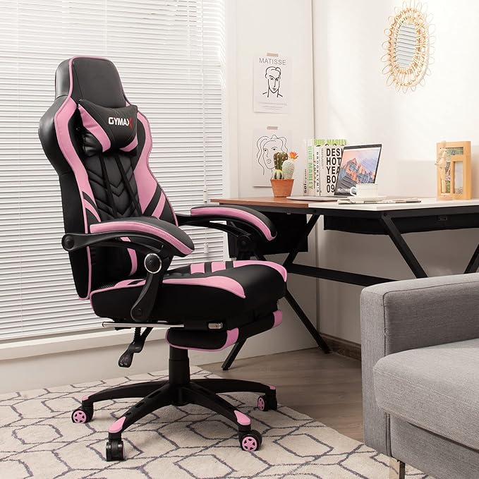 GYMAX Gaming Chair Ergonomic Computer Chair with Footrest Linkage Armrests &amp Lumbar Cushion Big Wide High Back Video Gaming Chair Reclining Office Rolling Chair for Adult/Teens (Pink)