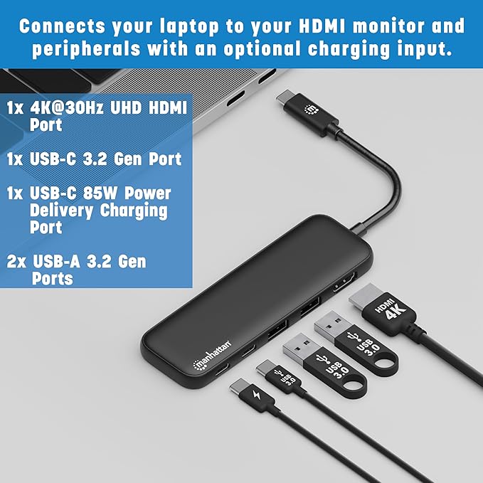Manhattan 5 in 1 USB C Docking Station Hub – Long 20 in Cord - 100W PD 4k HDMI 2 USB-A 3.0 1 USB-C 5Gbps Data Port - Multiport Adapter for MacBook Air Pro &amp Type C Devices–3 Yr Mfg Warranty-130