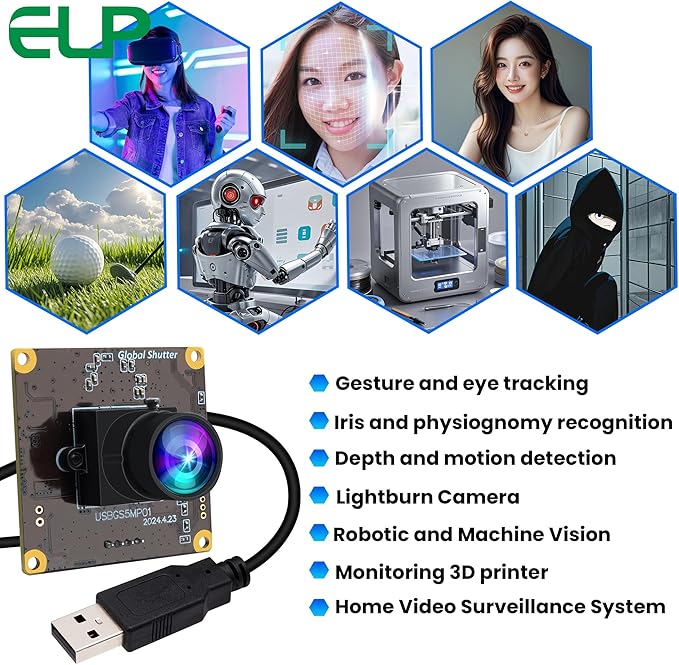 ELP 5MP Global Shutter 50fps USB Camera Module for Computer UVC USB2.0 Lightburn Cam for Laser Engraver High Speed 60fps PC Camera Wide Angle Webcamera for Live Streaming (100°Low Distortion Lens)