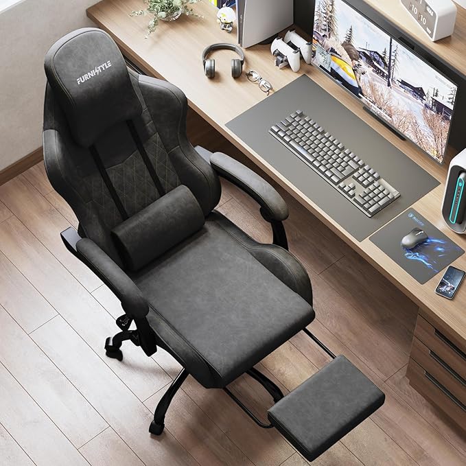 Gaming Chair Big and Tall Grey Leather Video Game Chairs with Footrest Padded Linkage Armrests &amp Large Headrest Ergonomic Computer Chair 350lbs for Adults Gaming or Office Use