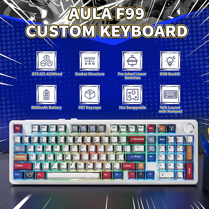 x Aula F99 Pro Mechanical Keyboard Wireless Gaming Keyboards RGB Backlit Hot Swappable Custom Creamy Bluetooth Computer Keyboard Tri-Mode BT5.0/2.4GHz/USB-C Pre-lubed Switches PBT Keycaps