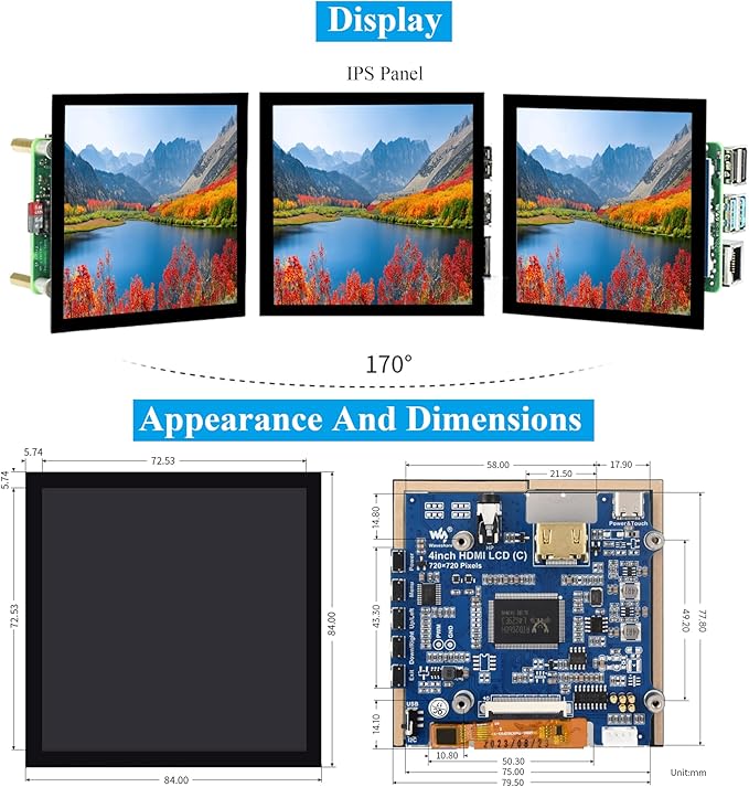 4inch HDMI LCD Square Capacitive Touch Screen Compatible with Raspberry Pi 5/4B/3B+/3B/2B/Zero/Zero W//Zero 2W/Jetson Nano/Windows 11/10/8.1/8/7 720x720 Resolution IPS Display USB-C Port