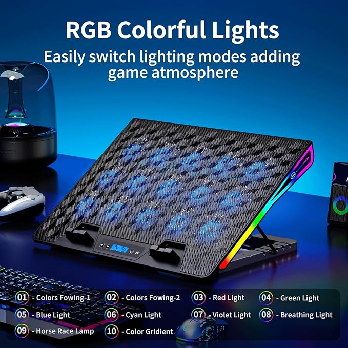 KeiBn Laptop Cooling Pad Gaming Laptop Fan Cooling Pad with 15 Quiet Fans RGB Laptop Cooler for 10-17.3 Inch 4 Height Stands 2 USB Ports - Blue