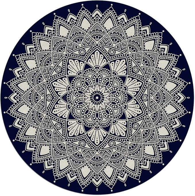 Blue Indigo PU Leather Non Slip Desk Floor Mat for Hardwood Floor Mandala Exotic Floral Ornament Round Gaming Computer Chair Mat for Home Office Gaming Room Modern Tribal Diameter 47.2 in