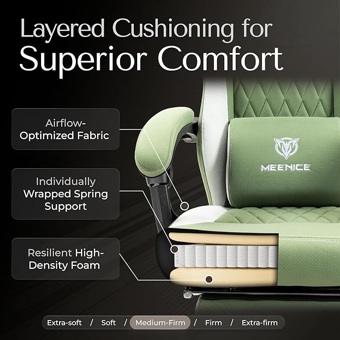 Gaming Chair Fabric with Pocket Spring Custion Ergonomic High Back Video Game Chair with Footrest Massage Lumbar Support Height Adjustable Comfy Computer Chair for Adults Game Green
