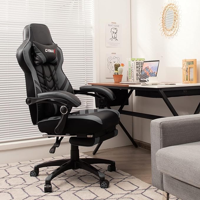 GYMAX Gaming Chair Ergonomic Computer Chair with Footrest Linkage Armrests &amp Lumbar Cushion Big Wide High Back Video Gaming Chair Reclining Office Rolling Chair for Adult/Teens (Gray)