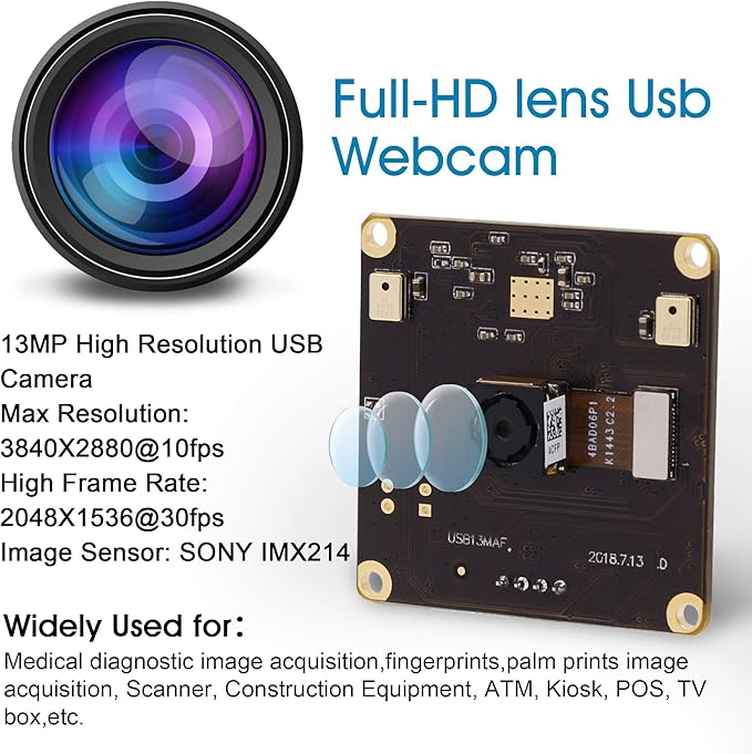 13mp USB Camera Module with Microphone Autofocus Audio Video Webcam Board for Computer Mini UVC USB2.0 PC Camera Industrial Embedded USB with Camera IMX214 Lightburn Camera for Laptop Jetson Nano
