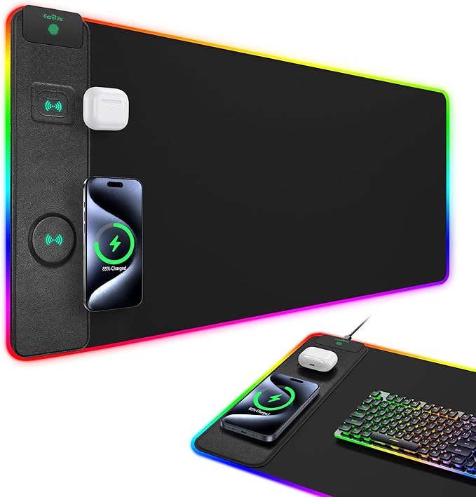 Upgraded Mouse Pad with Wireless Charging RGB Gaming Desk Mat 31.5x15.7 Large XXL Desk Pad 15 Light Modes Ultra-Smooth Surface Non-Slip Mouse Mat Waterproof Computer Keyboard Pad Black