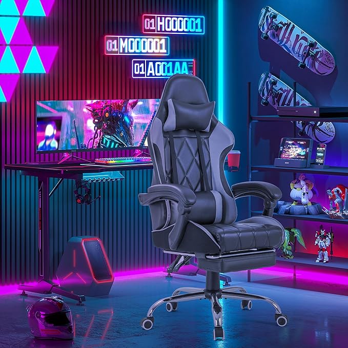 Homall Gaming Chair Computer Chair with Footrest and Massage Lumbar Support Ergonomic High Back Video Game Chair with Swivel Seat and Headrest (Grey)