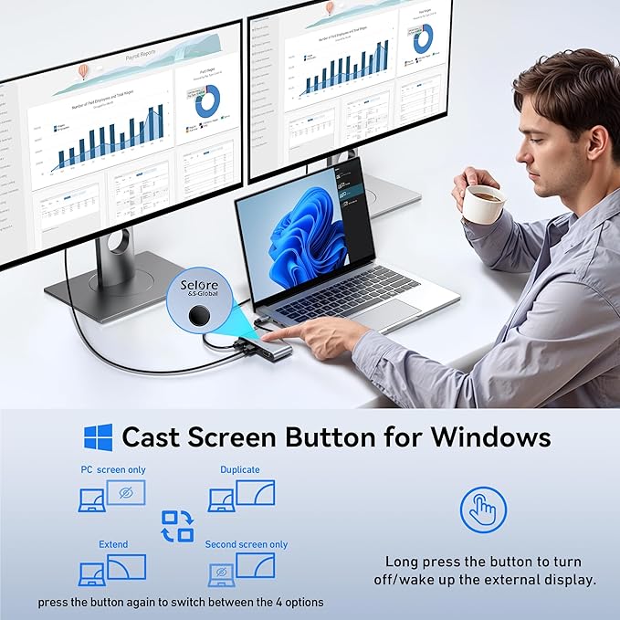 Selore USB C Docking Station 3 Monitors USB C to Dual HDMI VGA Adapter with One-Touch Multi-Screen Switch and Screen On/Off Button HDMI Splitter Converter for Dell HP LenovoMacBook Pro/Air etc