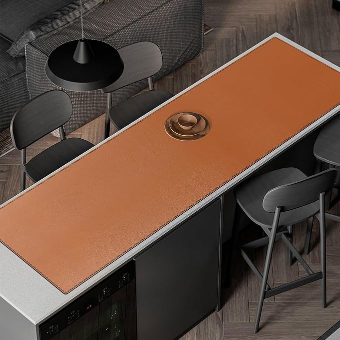 ZORESYN PU Leather Desk Mat Waterproof Anti-Oil Dining Table mat - 66.9 x 19.7 - Non-Slip Mouse PadLarge Desk Pad with Suede BaseStitched Edges Computer Desk Mat for GamerOffice &amp Home | Brow
