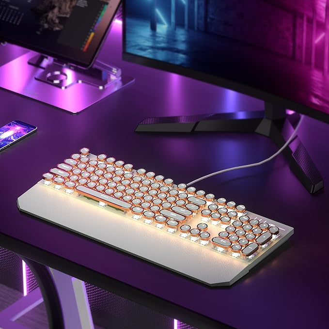 Camiysn Typewriter Style Mechanical Gaming Keyboard Green Retro Punk Gaming Keyboard with White Backlit 104 Keys Blue Switch Wired Cute Keyboards Round Keycaps for Windows/Mac/PC