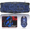 BlueFinger Backlit Gaming Keyboard Mouse and LED Headset Combo - USB Wired 3 Color Crack Backlit Blue LED Light Headset - Set for Work and Game