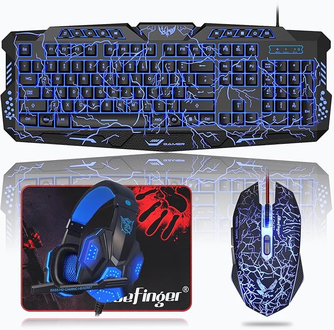 BlueFinger Backlit Gaming Keyboard Mouse and LED Headset Combo - USB Wired 3 Color Crack Backlit Blue LED Light Headset - Set for Work and Game