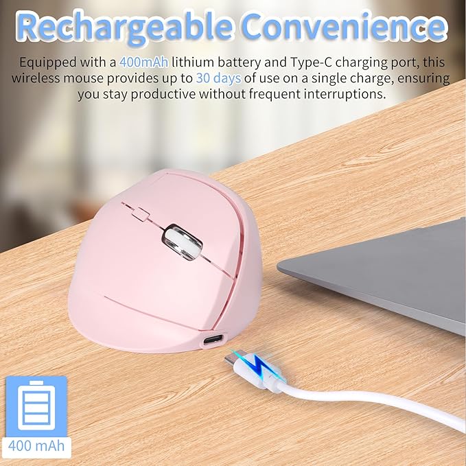 Bluetooth Wireless Vertical Mouse - Ergonomic Design Rechargeable with Type-C Silent Operation for Office and Home Use Ideal for Professionals &amp Students (Pink)