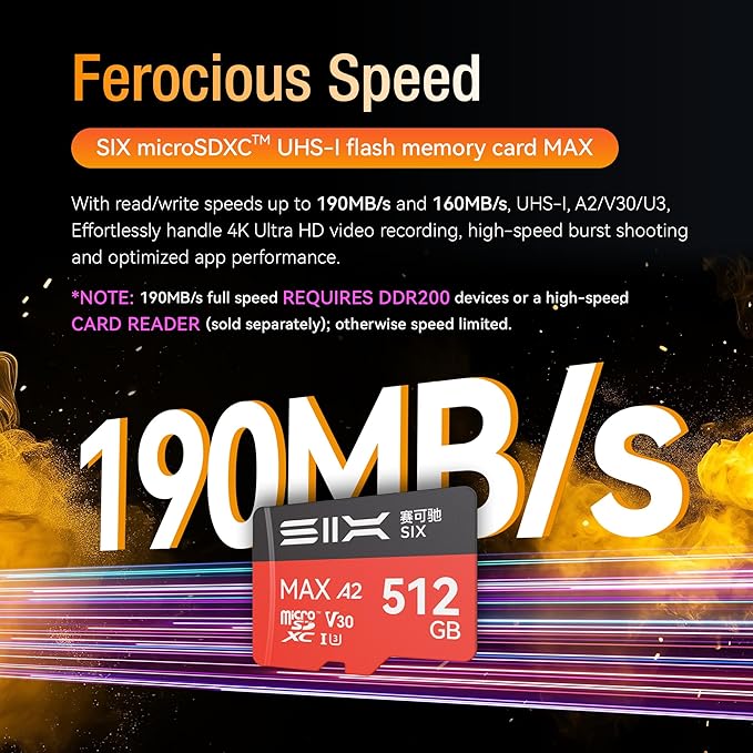 SIX M200 512GB Micro SD Card Read Up to 190MB/s for 4K UHD Continuous Recording - A2 U3 V30 microSDXC Memory Card 512GB with Adapter for Action Cameras Drones Gaming Consoles Dash Cams Phones