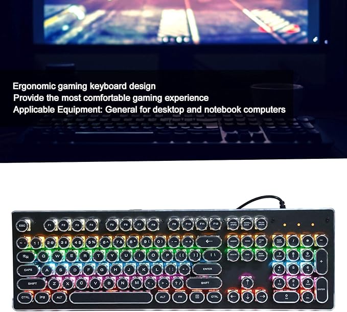 Pomya Retro Wired Gaming Mechanical Keyboard Key Click with 104 Keys Mixed Light Ergonomic Design Sensitive and Convenient 1.5m/4.9ft Plug and Play (Black)